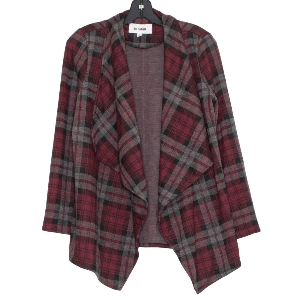 Plaid Blazer Jacket Open Front Red Gray M Grunge Academia Preppy Work BB Dakota